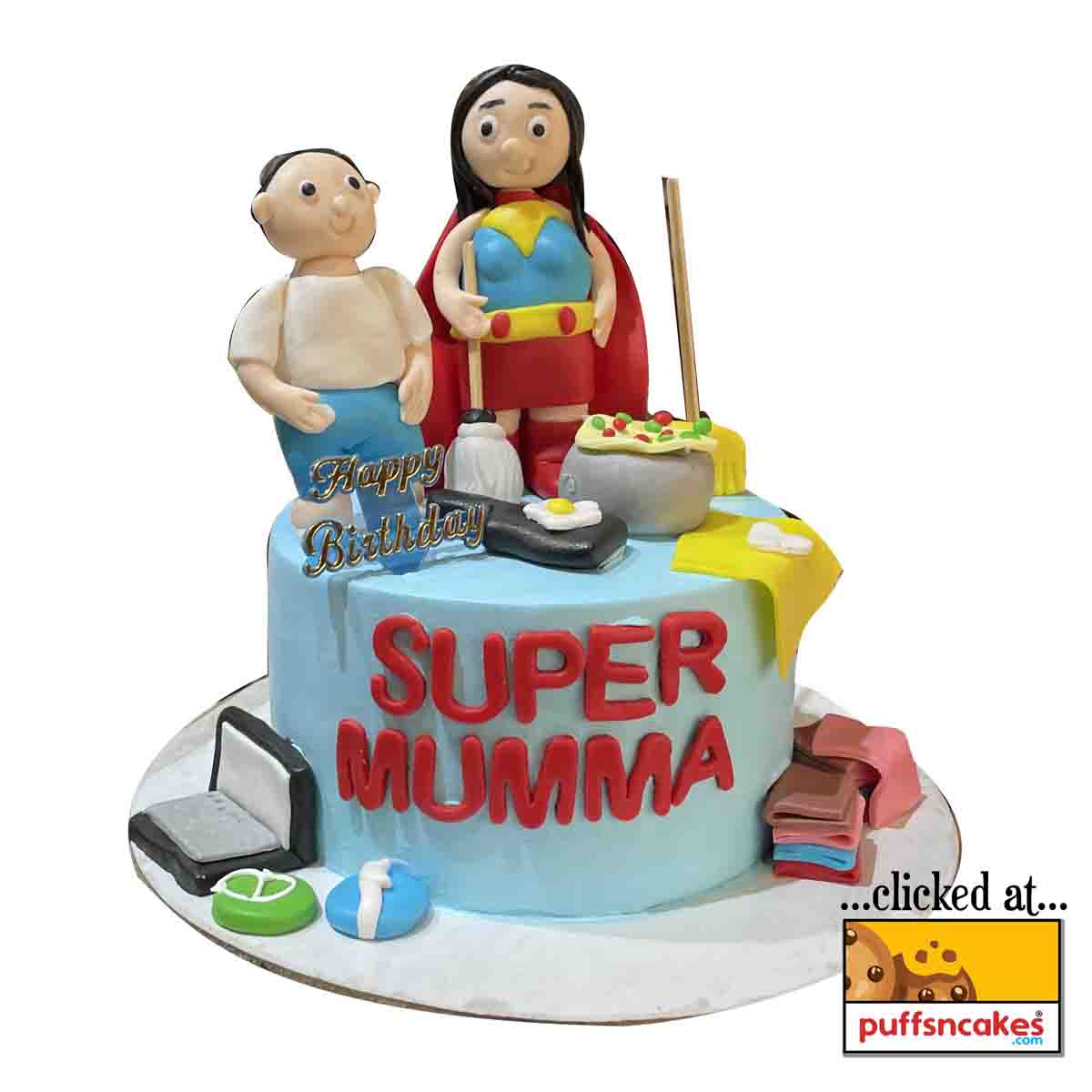 (1381) Super Mom Mother With Child Theme Semi Fondant Cake